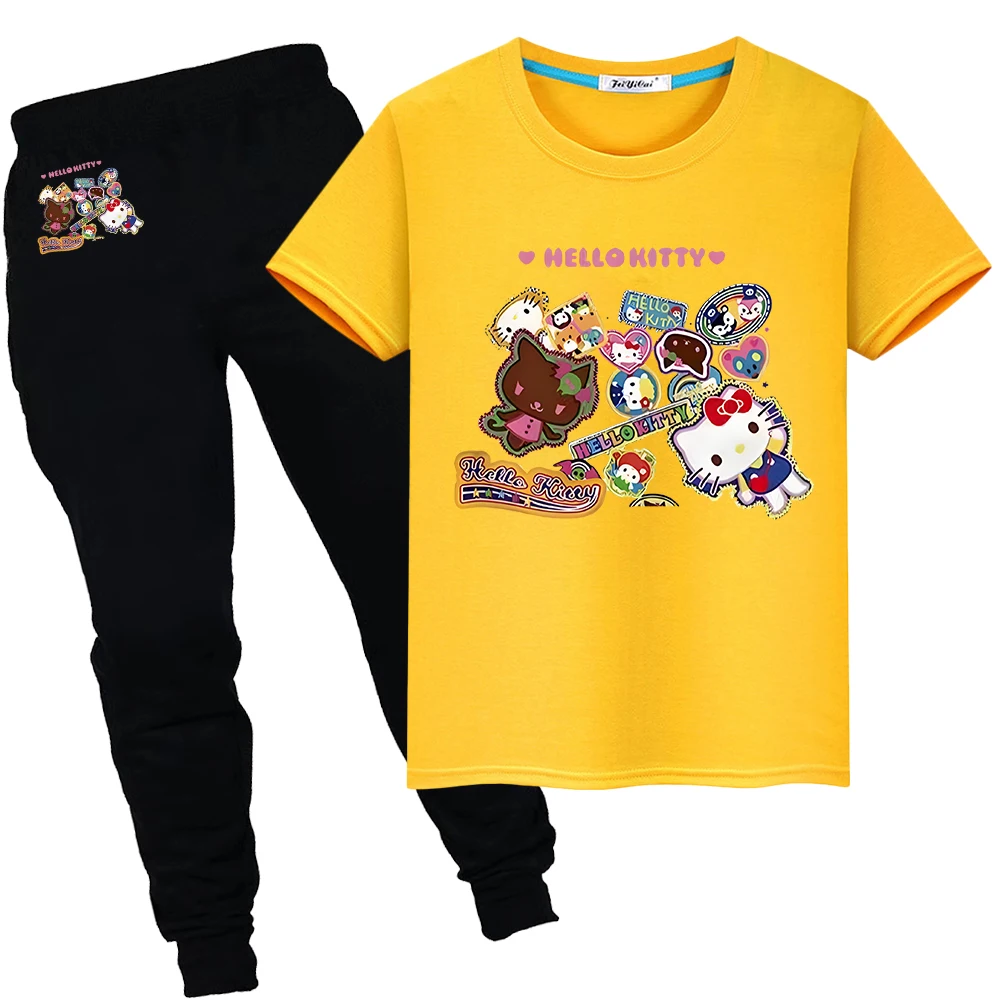 hello kitty Print 100%Cotton Kawaii Cute T-shirt Summer Sports Sets anime Tshirts Short+pantkid holiday gift boys girls clothes image 2