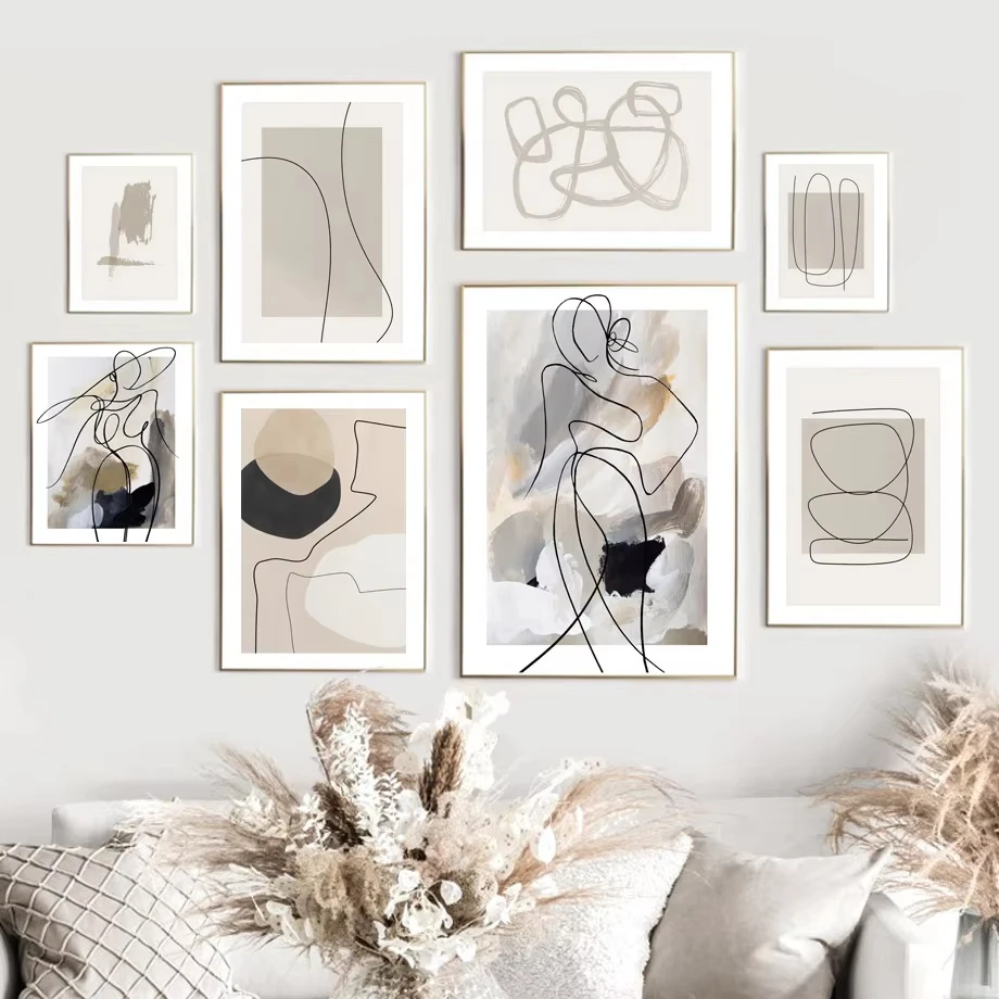 Abstract Posters And Prints Line Woman Geometry Wall Art Mural Beige Modern Canvas Painting Home Decor Pictures For Living Room
