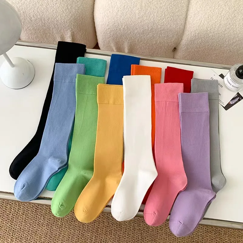 Long Solid Color Socks for Women Candy Stockings Fashion Plain Japanese Style Korea Knee High Soft Breathable Cotton Student