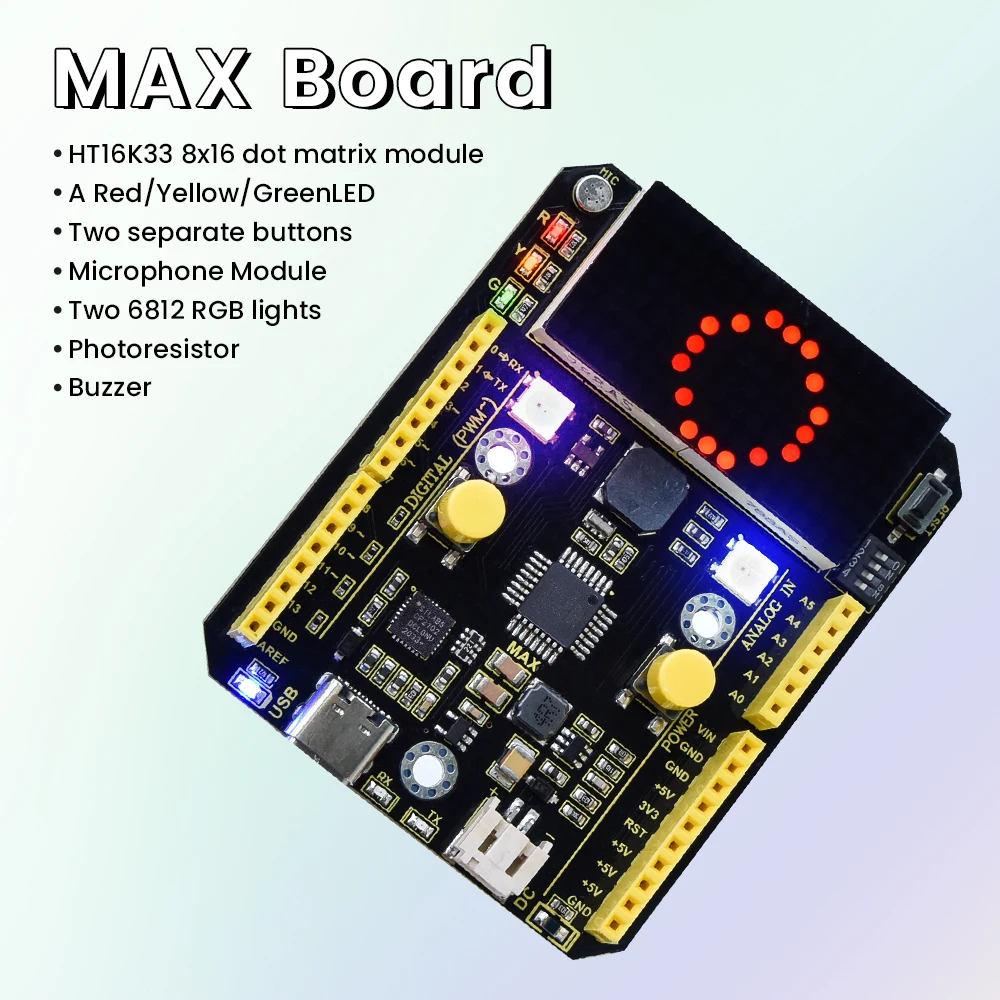 Kidsbits UNO-Max Board CP2102 USB a puerto serie con luz RGB 6812/micrófono/zumbador/Compatible con proyectos Arduino UNO R3