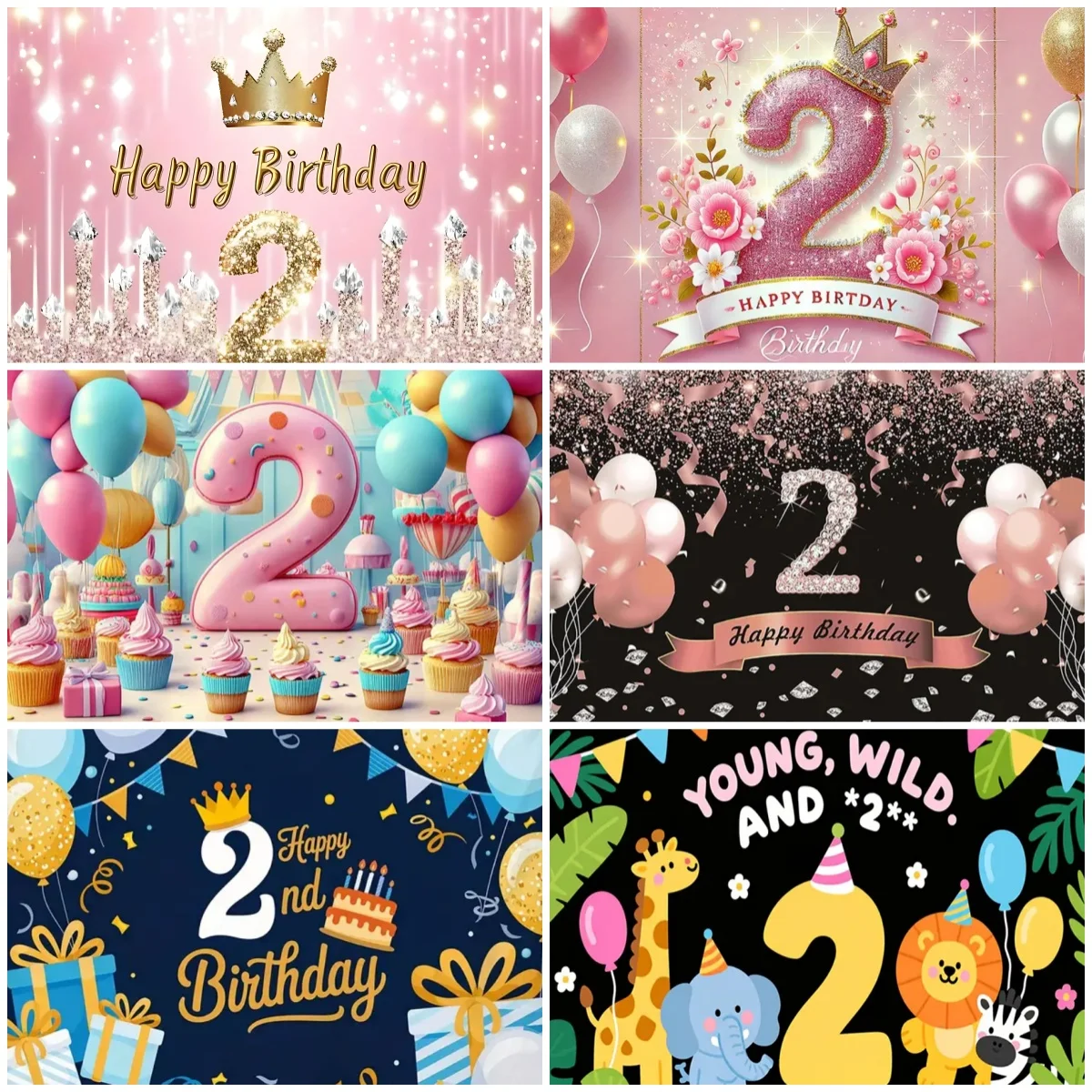 

2nd Birthday Theme Backdrop Party Decoration Pink Gold Crown Balloon Background Supplies Boys And Girls Photography Props Banner