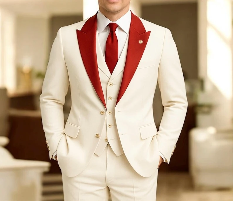 

Mens White 3 Piece Suit Formal Wear Wedding Engagement Prom Party Groom Evening Hosting Groomsmen Suit Coat Pant