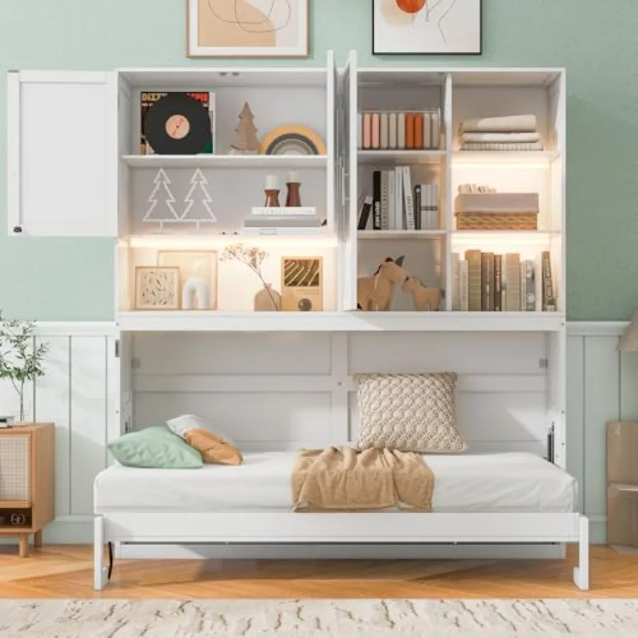 

Murphy Bed Twin Bed Frame with Top Cabinet, Hideaway Bedframe w/Shelves and Dual-Piston Metal Folding Mechanism, Space Saving F