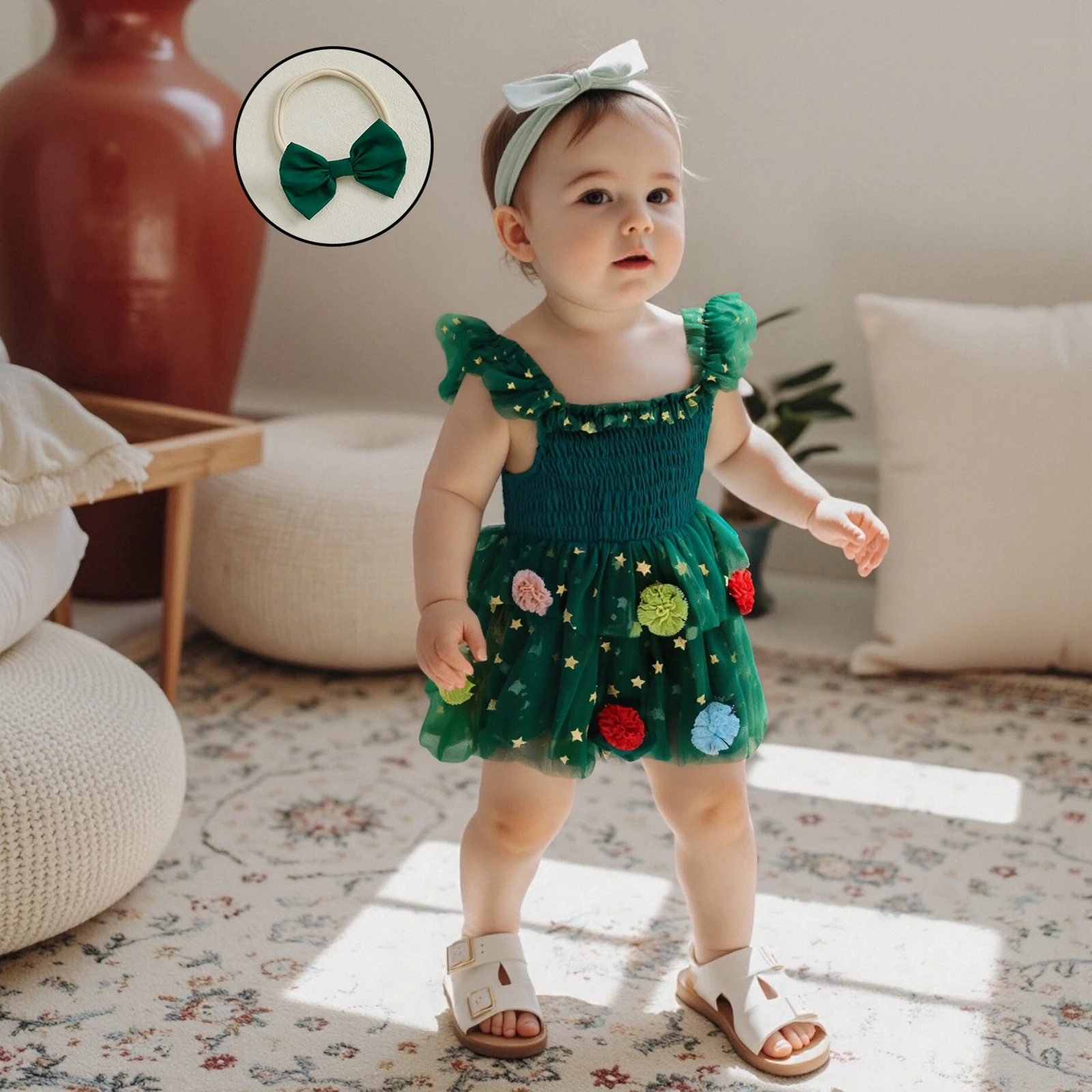 

Suefunskry Baby Girl Christmas Outfit Glitter Star Pom Ball Flying Sleeve Smocked Tulle Romper Dress Bow Headband Set