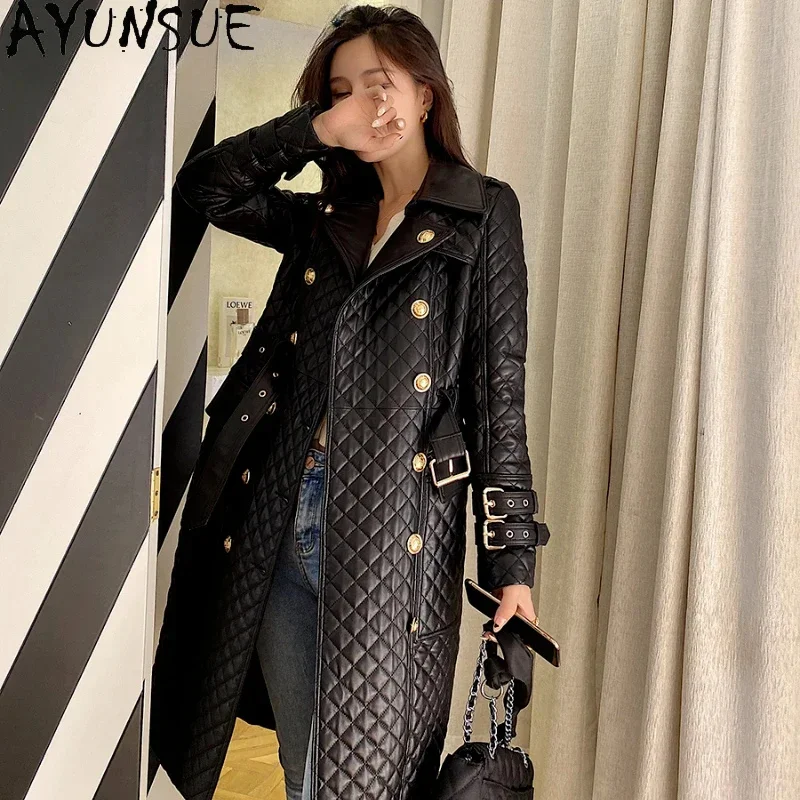 

Women's AYUNSUE Trench Coats Autumn Spring 100% Genuine Leather Jacket Women Casaco Feminino Fashion Sheepskin Coat with Belt