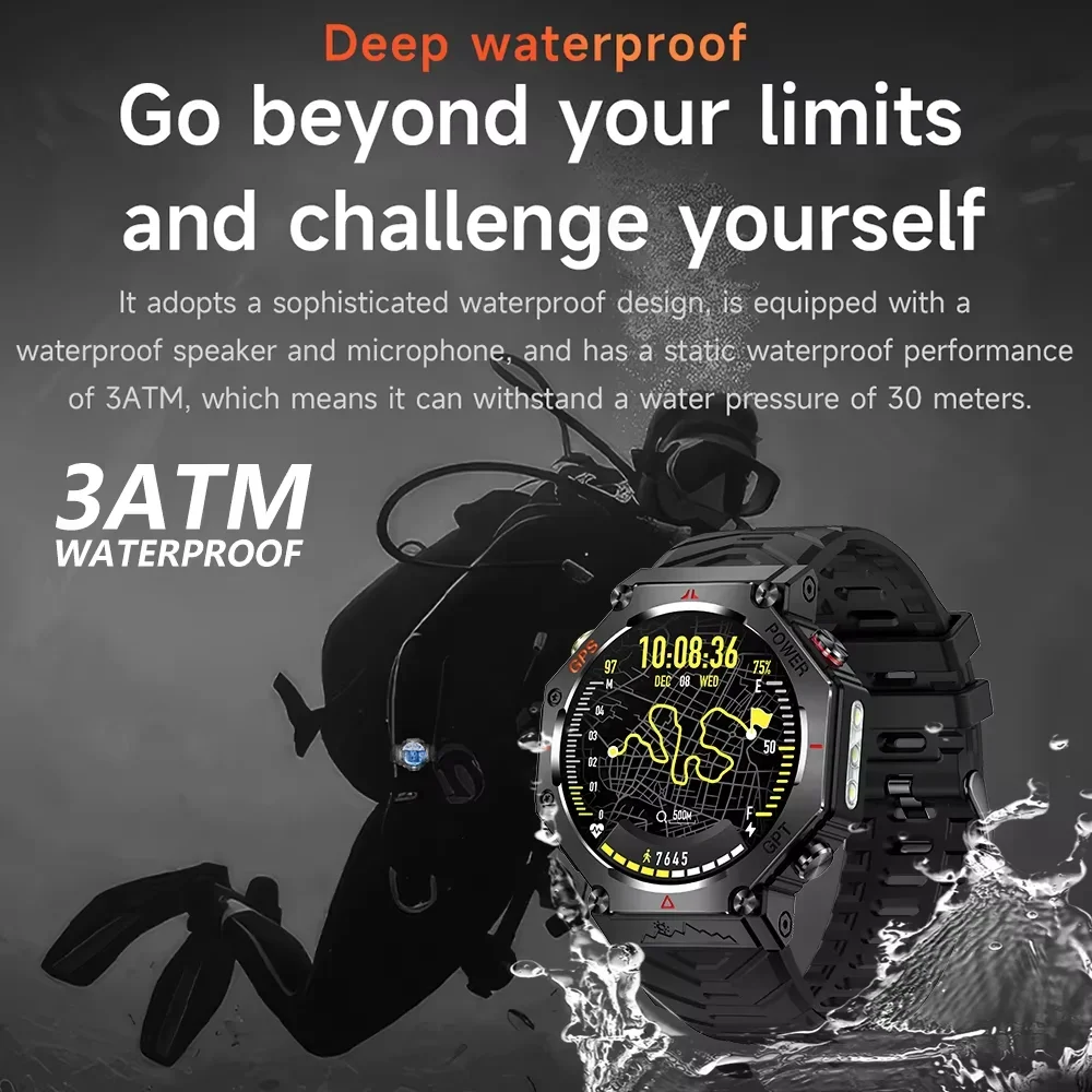 2025 New Outdoor Sport Smart Watch Built-in GPS 3ATM Waterproof Compass Flashlight 107 Sports Mode Military Bluetooth Call Watch