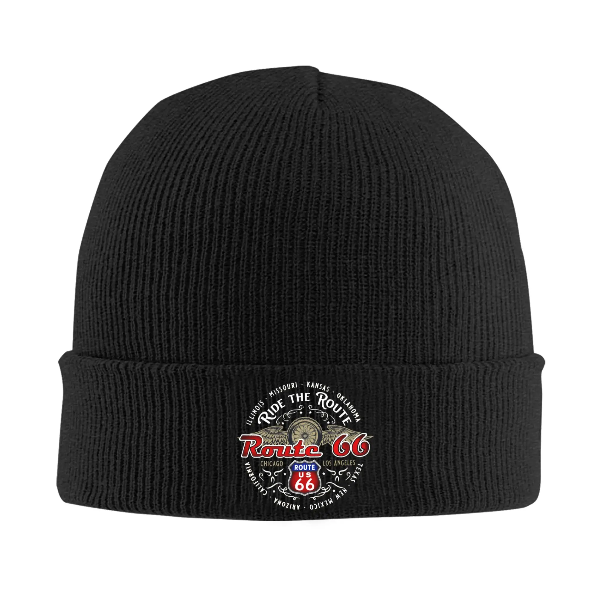 Ride the Route 66 Beanie Cap Winter Warm Bonnet Femme Knitted Hat Biker Motorcycle Cruise America's Highway Skullies Beanies Cap