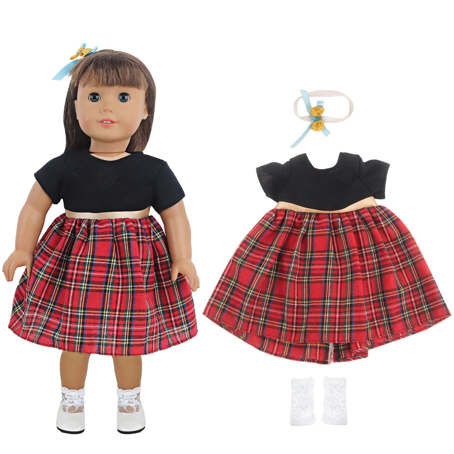 

Doll Dress Set For 18 Inches American Dolls Scottish Plaid Kilt Skirt Set(dress+socks+hairband)For 43cm Baby Newborn Girl Dolls