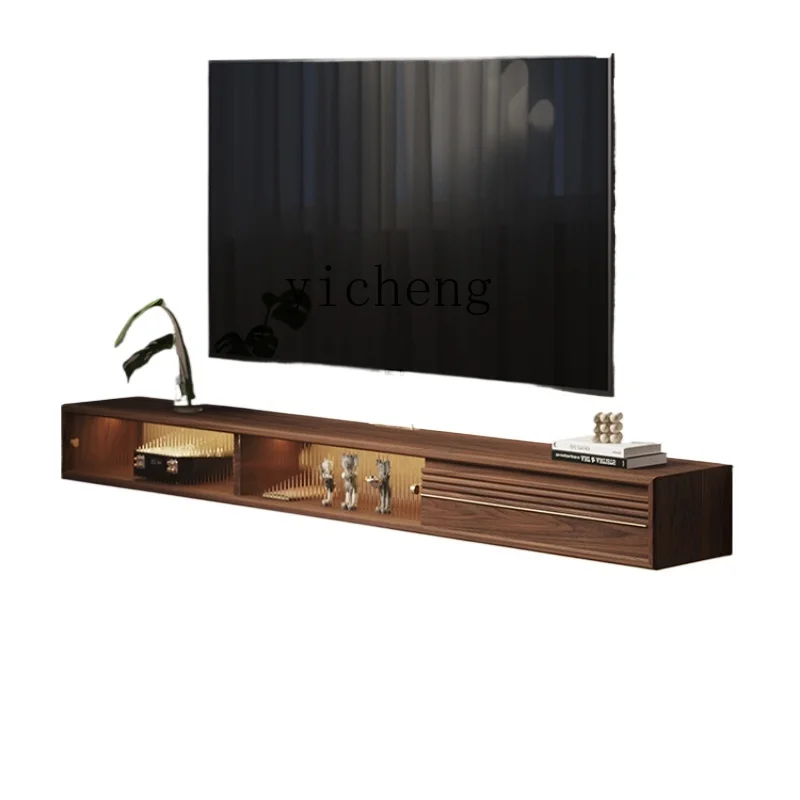 

ZF TV Cabinet Solid Wood Suspension Wall-Mounted Small Apartment Modern Minimalist Black Walnut