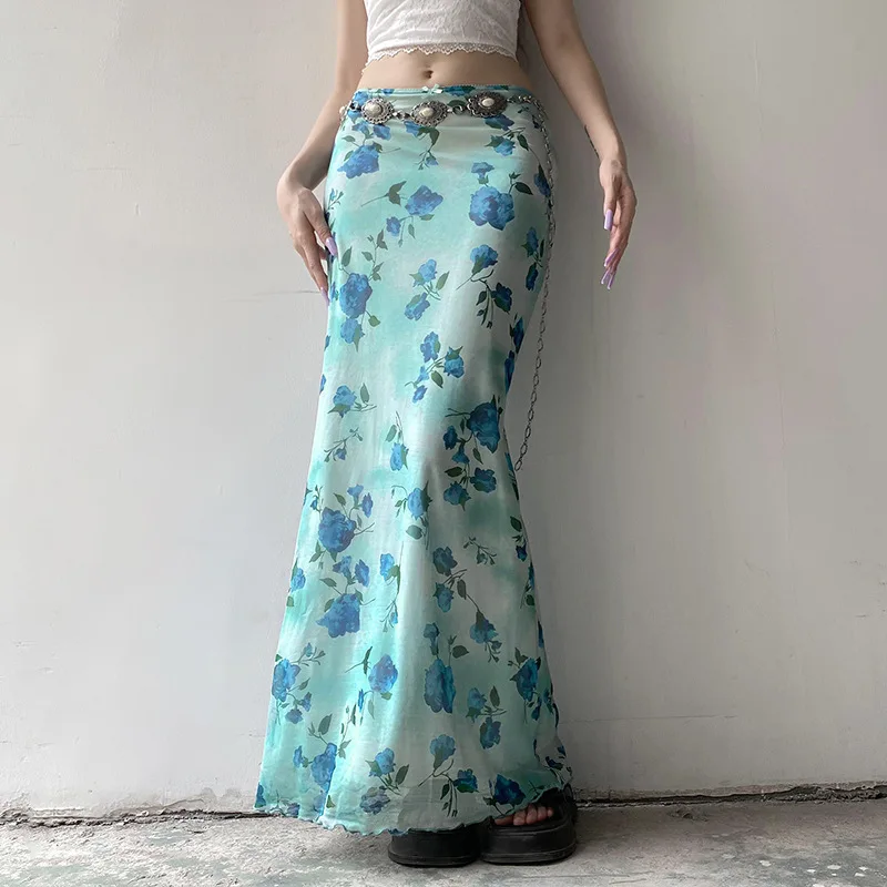 Printed Mesh Half-length Skirt for Women Summer New Style Slimming Little Bow Spliced Long Skirt Low Waist Hip Skirt