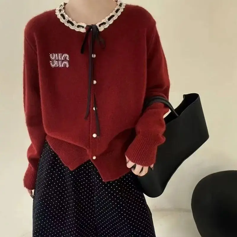 

Lace Lace Bow Necklace Knitted Cardigan Women's Spring New Round Neck Fashionable Versatile Sweater