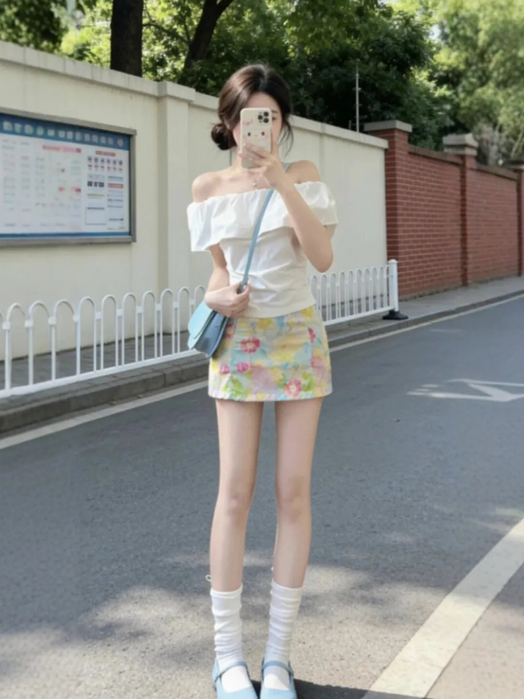 

Unique Shoulder Baring Top And Skirt Set Comfortable Cotton Blend Short Sleeve T-Shirt Style High Waist Floral Print Summer F...