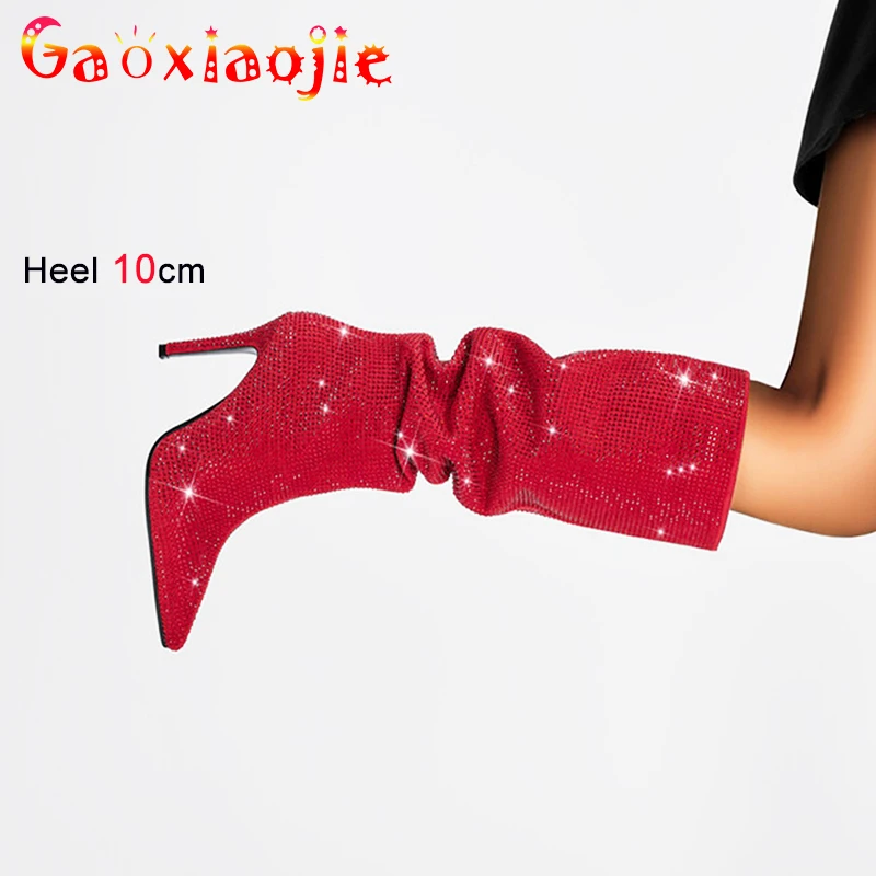 

Knee-high Boots For Women with Rhinestones Glitter Stage Show Party Lady Shoes Sexy Pointed Toe Stiletto Heels Long Red Booties