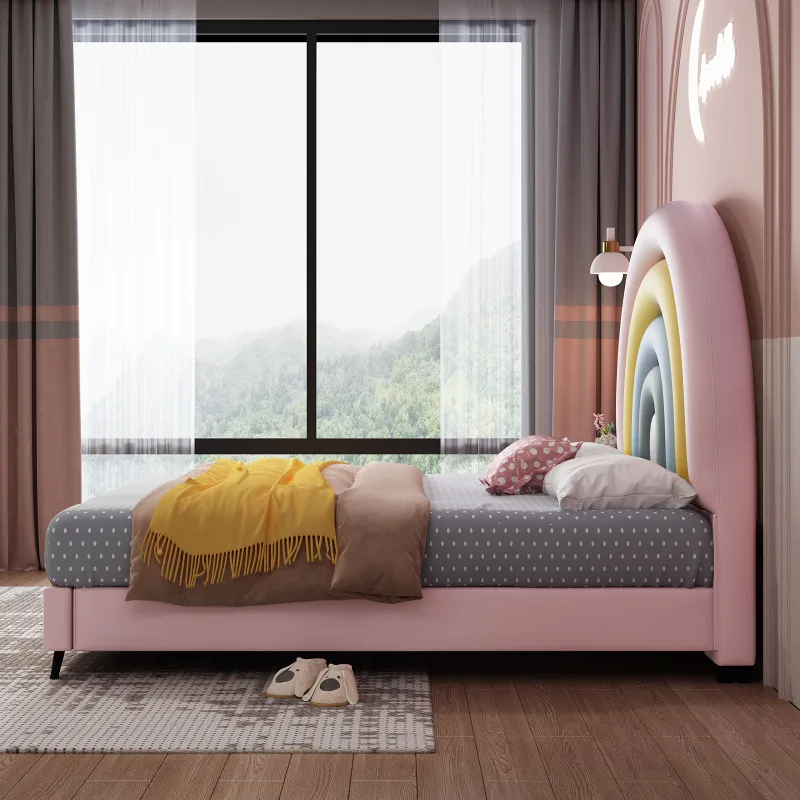 Children's bed, men's and women's new leather bed, technology fabric soft bed, youth single Korean bed, princess rainbow bed