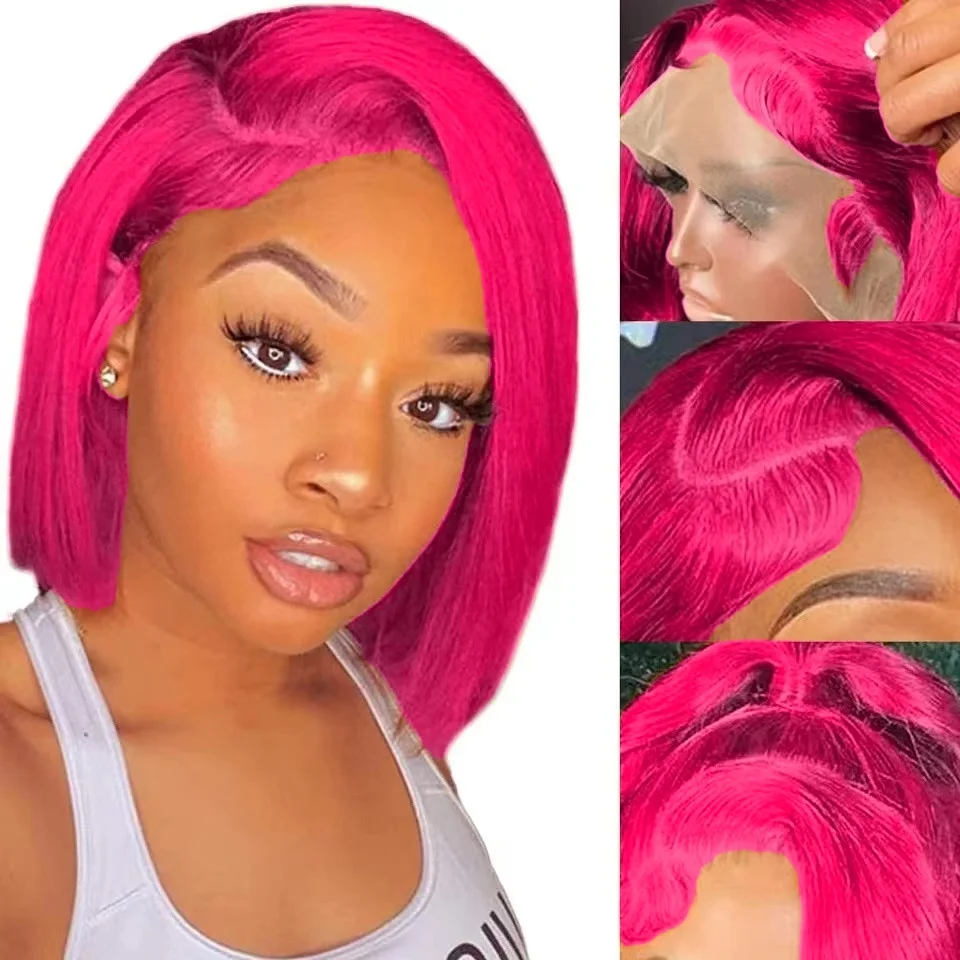 

Короткий парик Боб, прозрачный кружевной ярко-розовый парик, предварительно сорванный, 13x4, кружевные фронтальные парики, бразильские девственные человеческие волосы, 14 дюймов, 10 дюймов