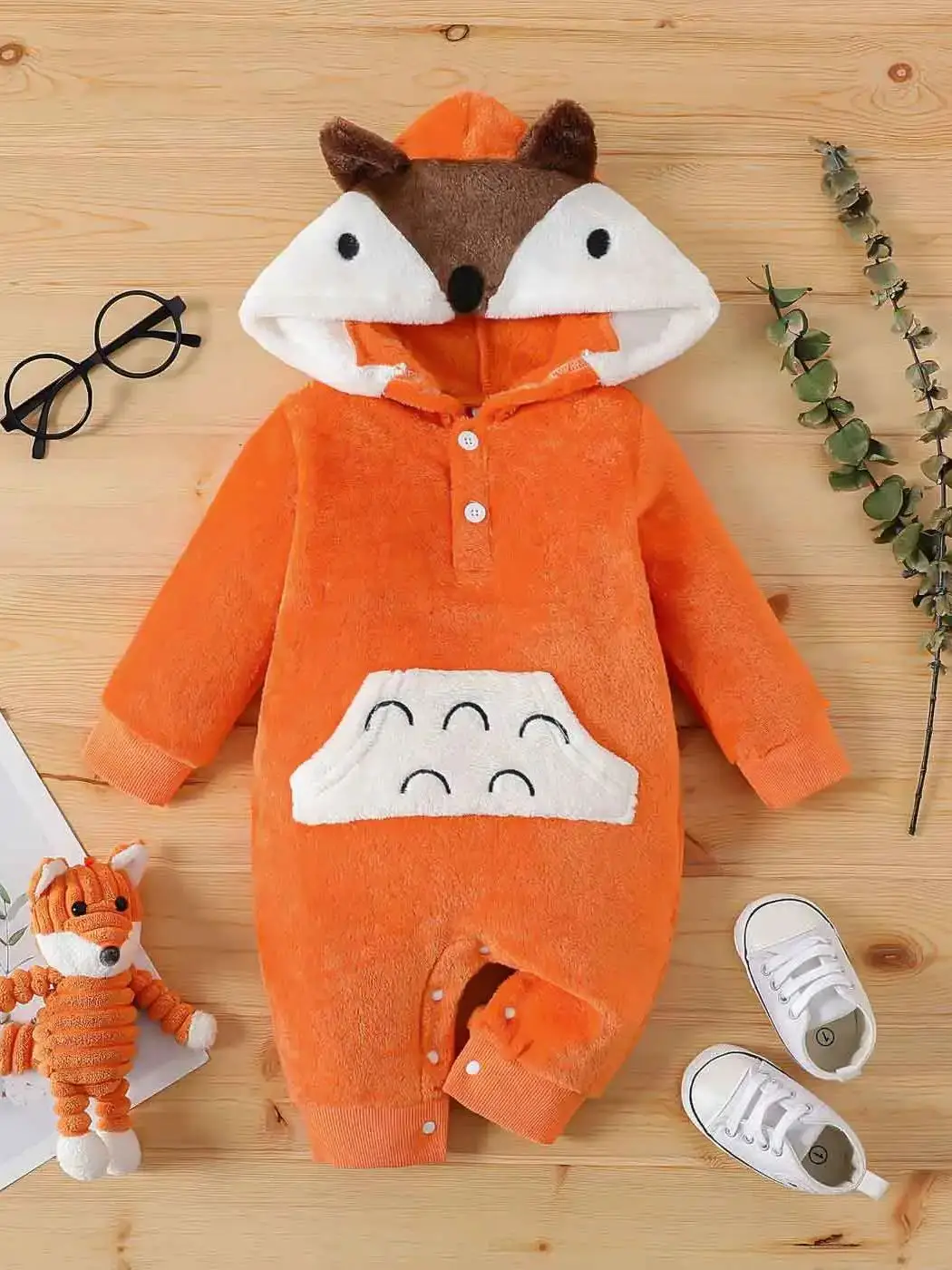 0-1 year old baby boys and girls winter style cute little fox shaped adjustable one-piece long sleeved velvet crawling suit