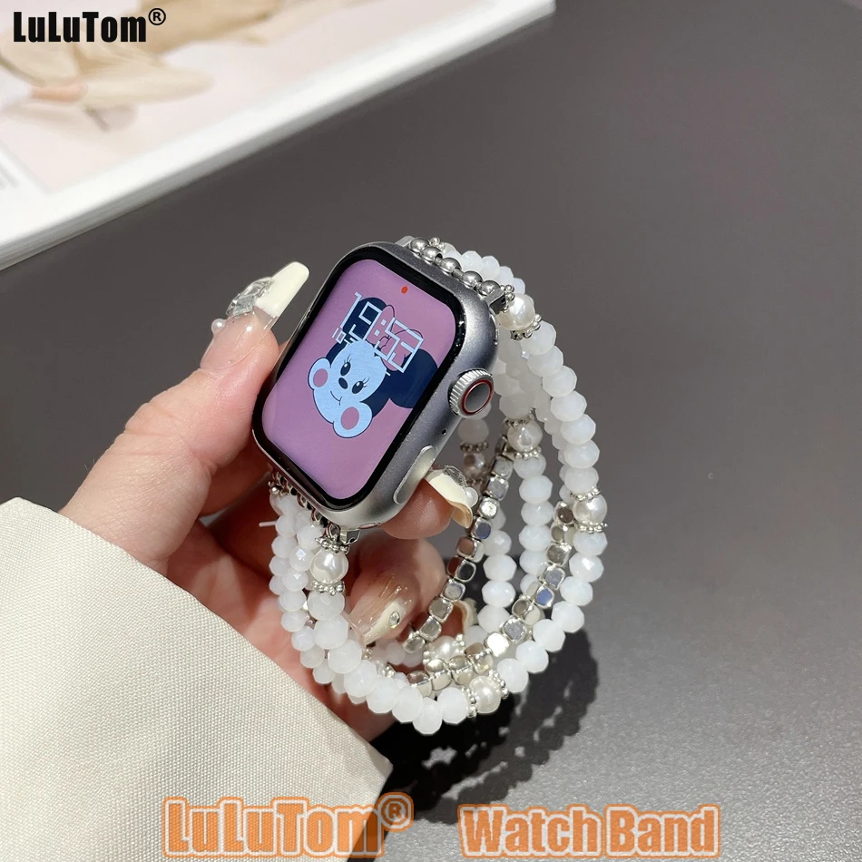 Tali jam tangan wanita, tali batu permata elastis untuk Apple Watch, gelang Ultra 49mm 38mm 41 40 44 45 42mm IWatch seri 8 7 6 SE 5 4 3