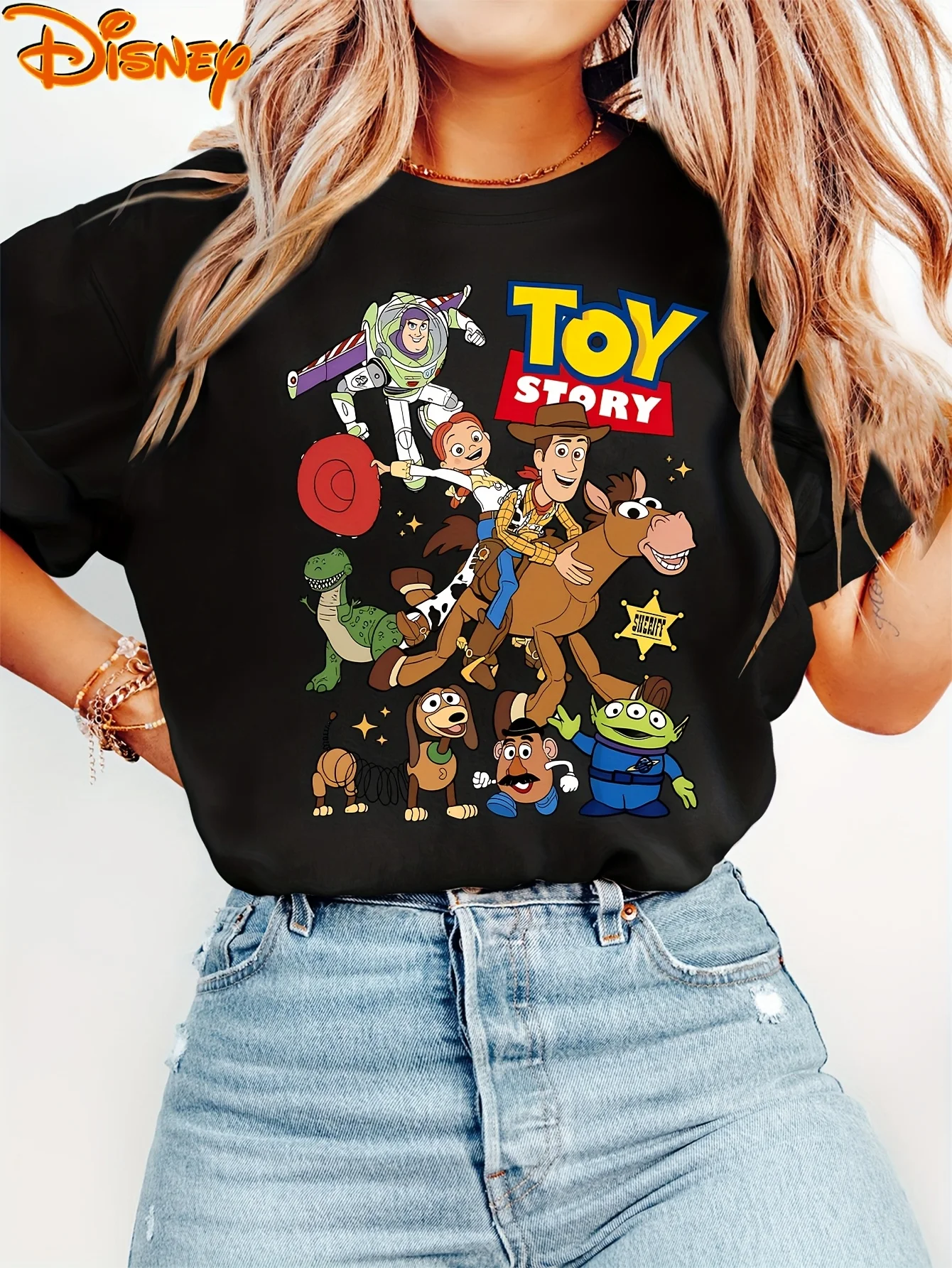 ديزني كارتون توي ستوري سلسلة مطبوعة طاقم الرقبة الصيف تي شيرت أزياء عارضة ركاب عطلة مختلف خمر نمط قمم