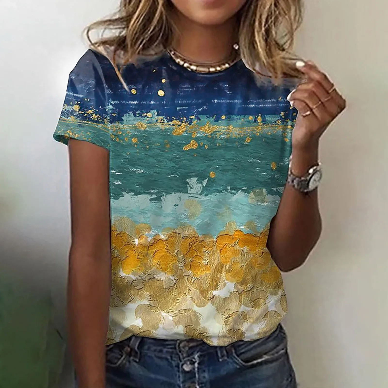 

Printed Loose Casual T Shirt Round Neck Short Sleeved Color Blocked Tee Shirt Women 2024 Summer New Fashionable Tops Tee