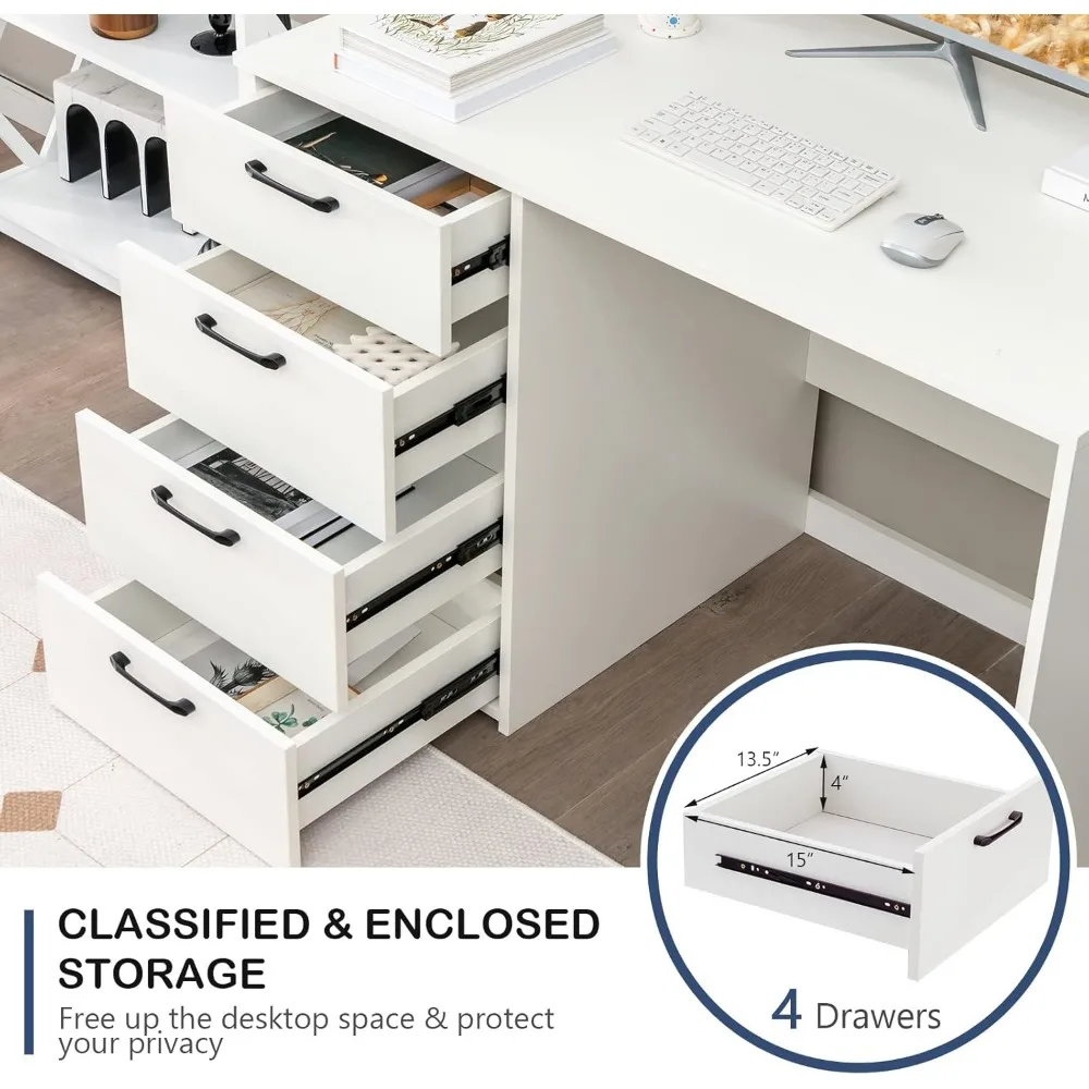 White Desk with 4 Storage Drawers, Home Office Writing Desk, Modern Executive Desk, Laptop PC Desk, Vanity Makeup Table, Comput