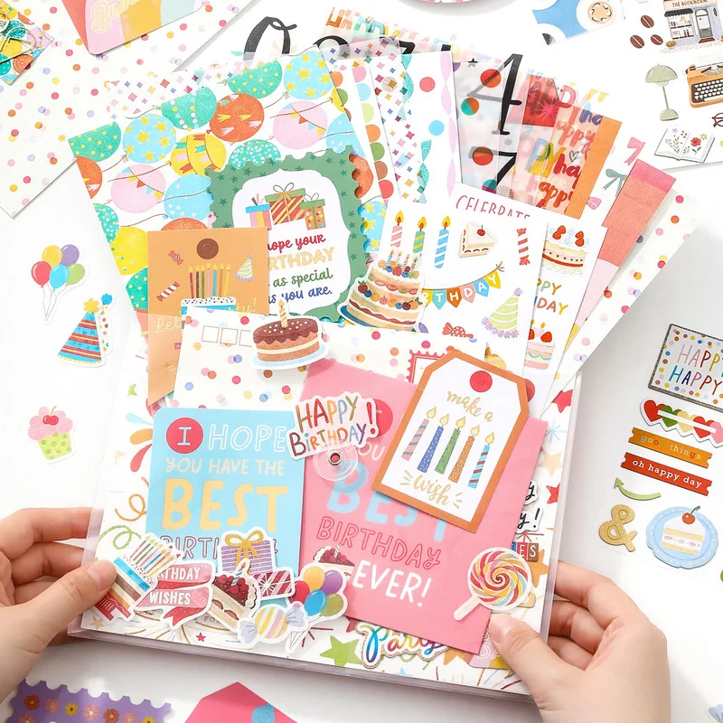 97Pcs Love Notes Birthday Paper Stickers, Colorful Cake Balloon Self‑adhesive Decals for Junk Journal Scrapbooking