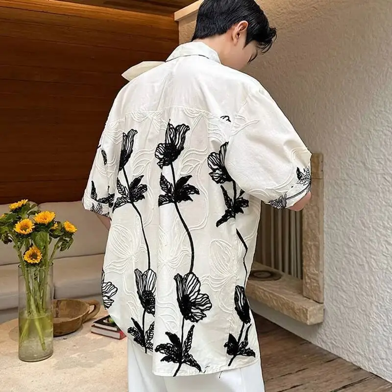 Men's Short Sleeve Shirt Beige Black Floral Three Dimensional Jacquard Embroidered Bow Tie Design Short Sleeve Tops PQQU