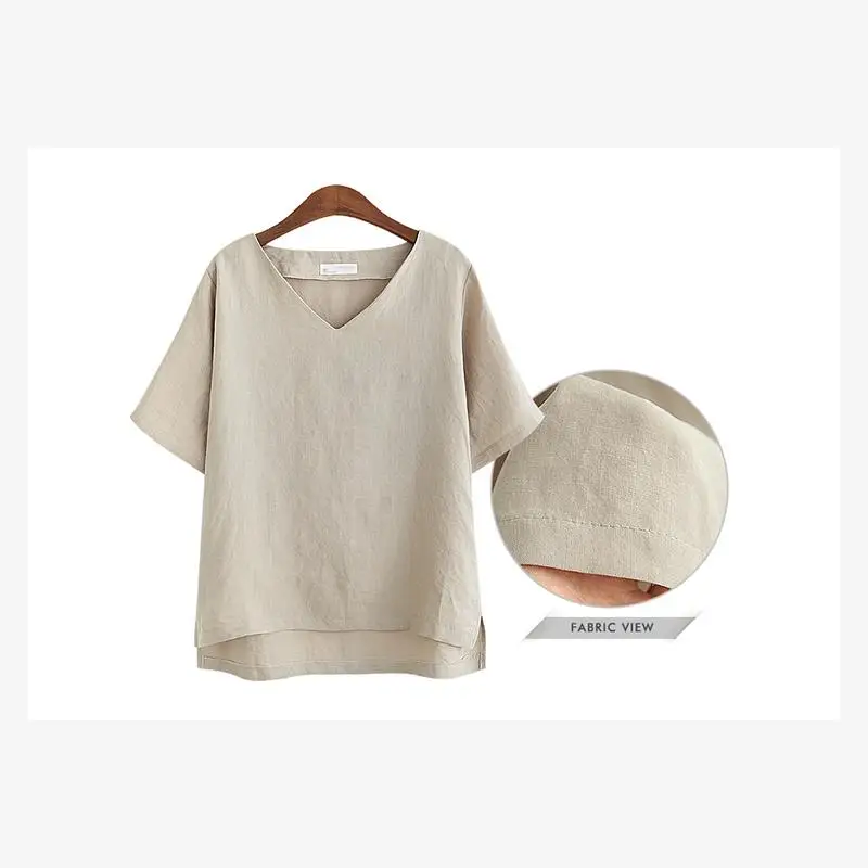 Base feminina solta de linho de algodão irt V-Ne primavera verão rua sle plus size faion doce sle emenda assimétrica