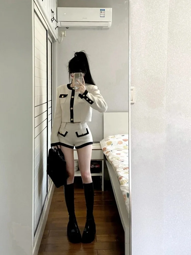 Elegant Short Style Women's Spring 2026 Fashion Set High Waist Slimming Shorts Cardigan Top Quality Polyester Long Sleeve