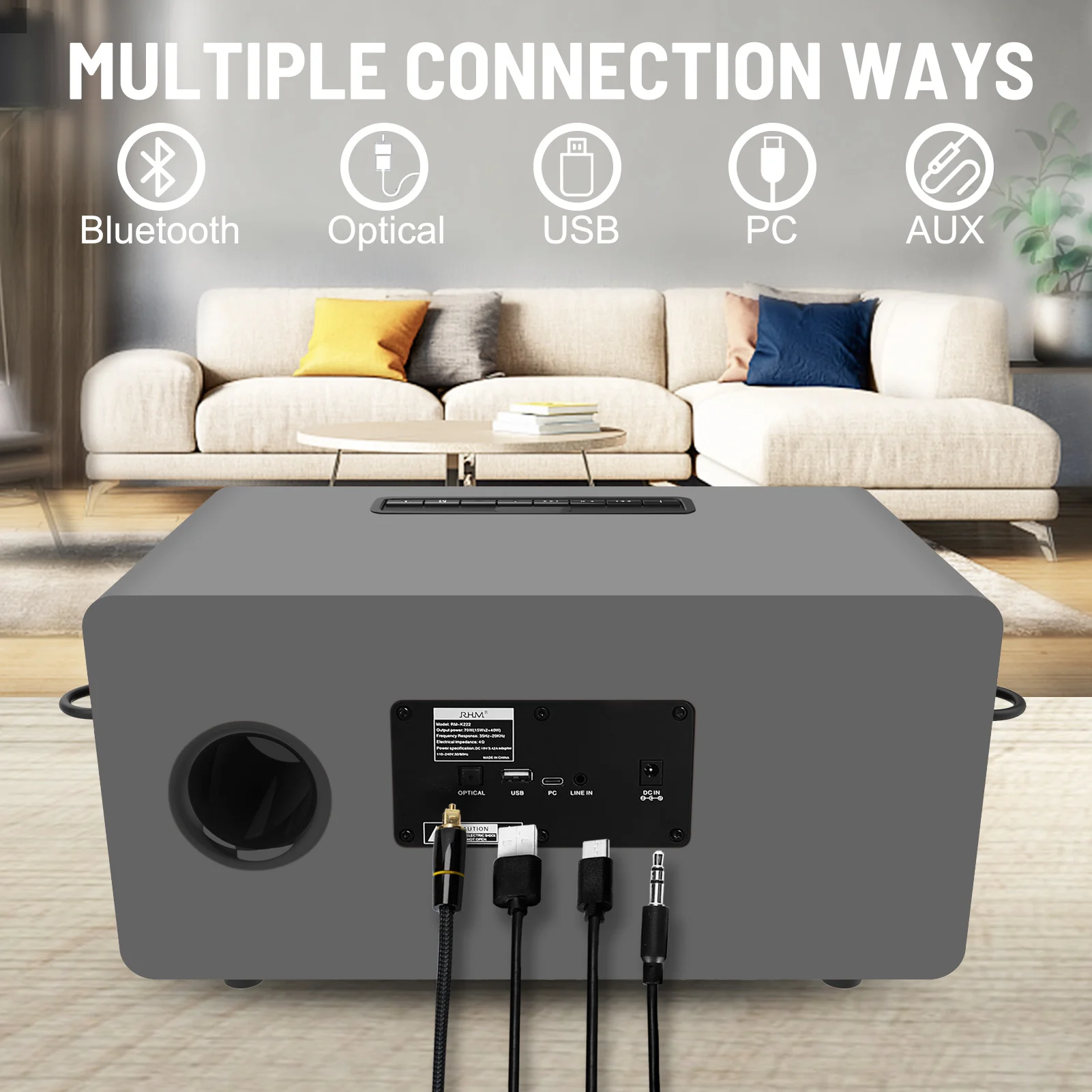 RHM K222 صندوق خشبي متعدد الوسائط مكبر صوت لجهاز الكاريوكي نظام المسرح المنزلي مع USB SD بلوتوث Aux ووظيفة الميكروفون للاستخدام الصوتي