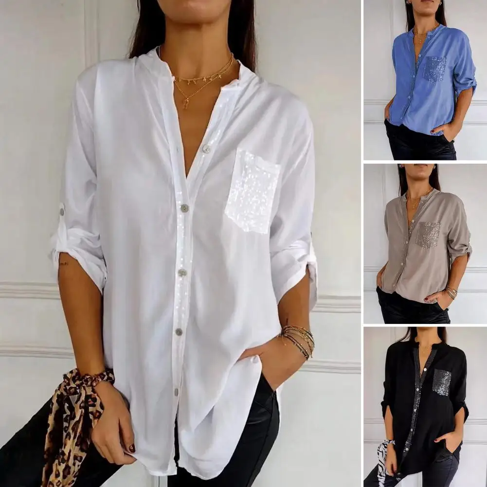 Women Shirt Stand Collar Roll-up Long Sleeve Shirt Tops Sequins Patch Pocket Single Breasted Sunscreen Shirt