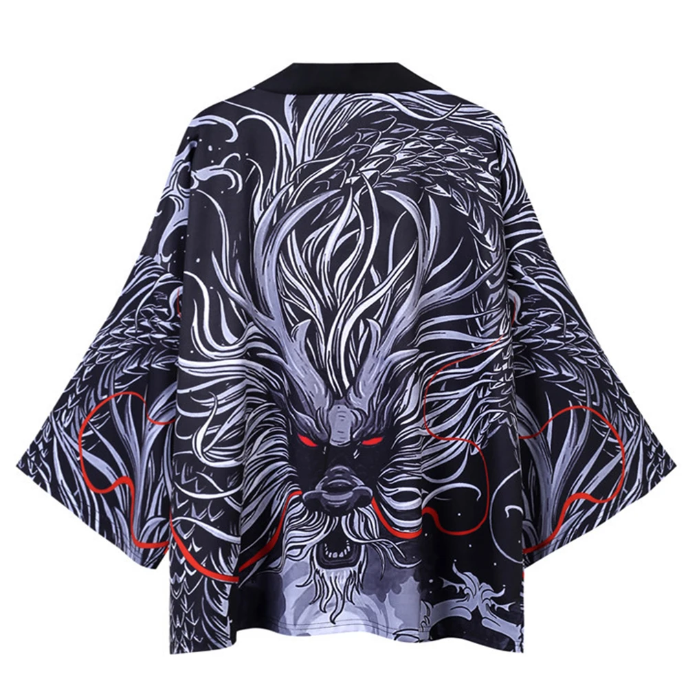 Men Women Summer Cardigan Robe Chinese Style Dragon Kimono Loose 3/4 Sleeve Garment Coat