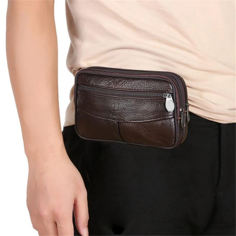 Bolso de mano de cuero genuino para hombre y mujer, Cartera de gran capacidad para dinero, bolsillo para teléfono móvil, suave, doble cremallera,