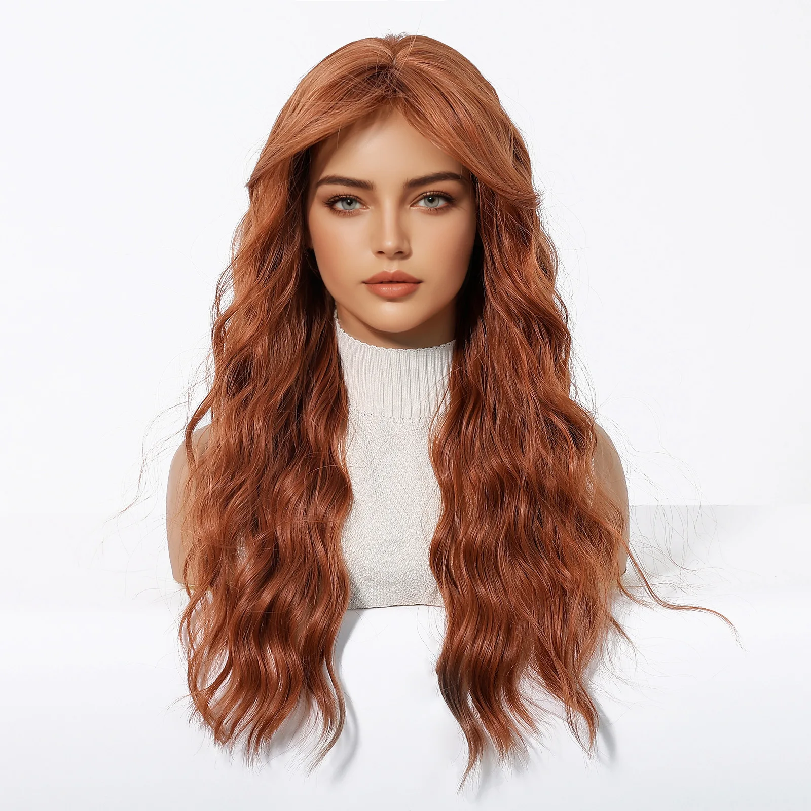 European and American wig female orange long curly hair big waves Qi bangs simulation breathable full headgear type - Image 3