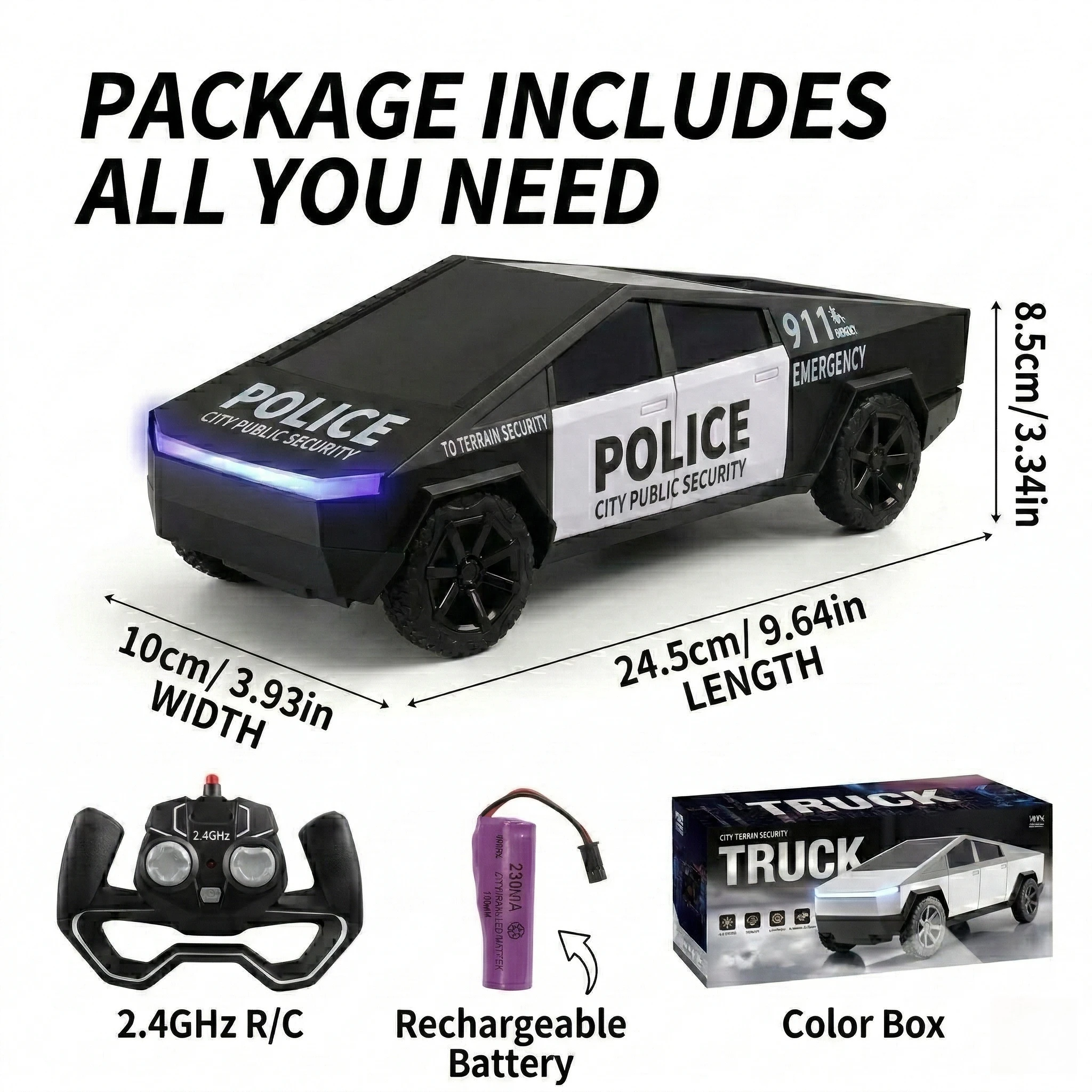 2.4G Remote Control Cyber Pickup Truck, RC Police Car with LED Lights, Rechargeable Off Road Racing Vehicle Toy for Boys Gifts view 6
