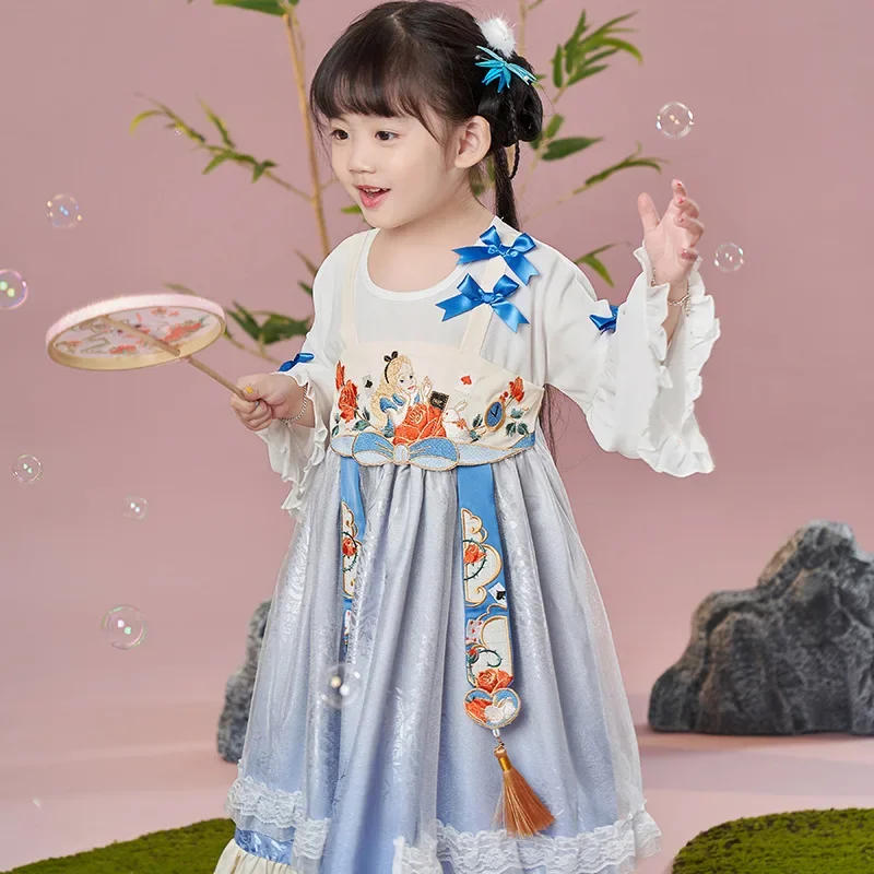 Girl's Original Ancient Style Hanfu Dress Gauze Puff Sleeves Pastoral Style Cute Embroidered Lace Skirt with Bowknot Accessory