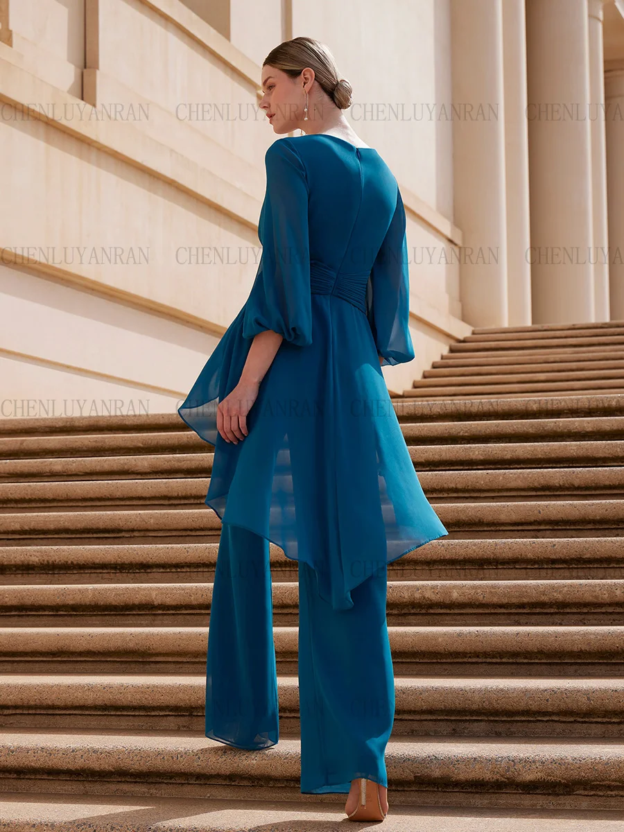 Chiffon Suits Mother of the Bride Dresses 2025 3/4 Sleeves Long Wedding Guest Gowns V-neck Pleat Dress Women For Wedding Party