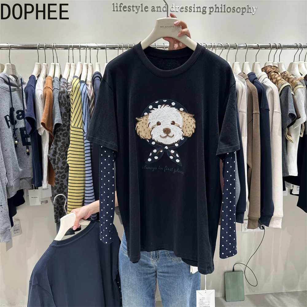 

Новая осенне-зимняя футболка из искусственного двух предметов в горошек с длинными рукавами, милый пуловер с круглым вырезом и вышивкой из мультфильма, топ средней длины, повседневные футболки