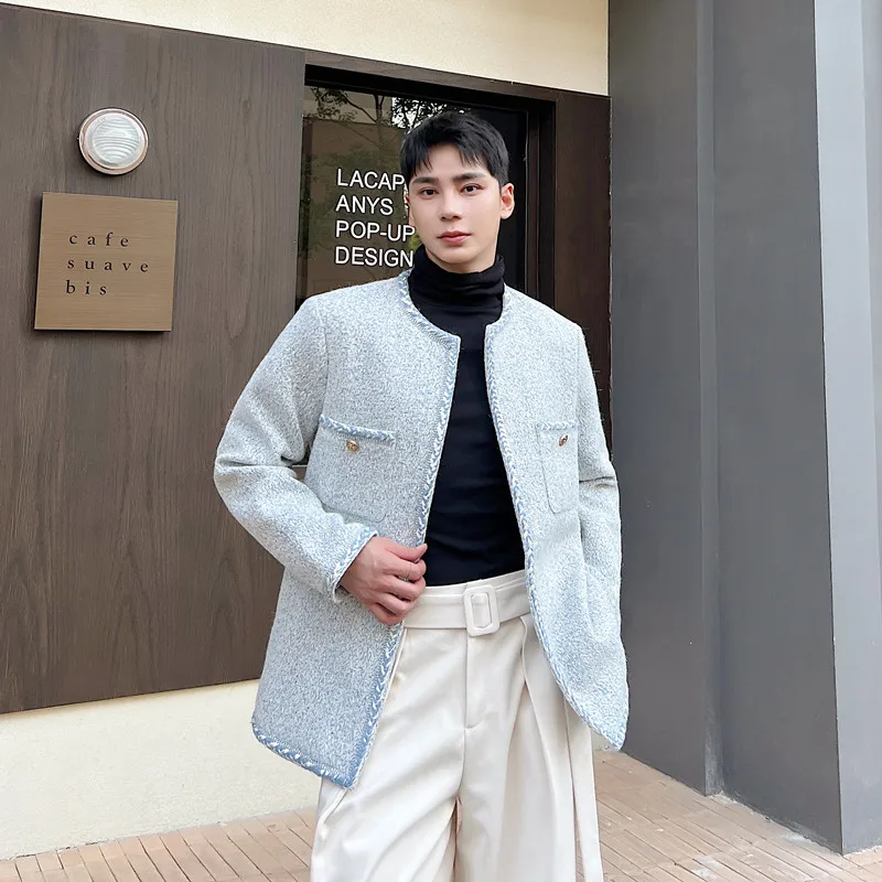 

Синий плотный твидовый кардиган для мужчин на осень-зиму, модный корейский шерстяной жакет, молодежная трендовая верхняя одежда