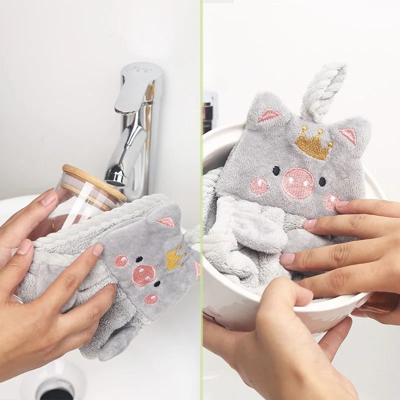 Kawaii Hand Towel Cartoon Animal Embroidery Handkerchief Wall Mounted Soft Absorbent Dishcloths Hanging Towel Cloth Accessories