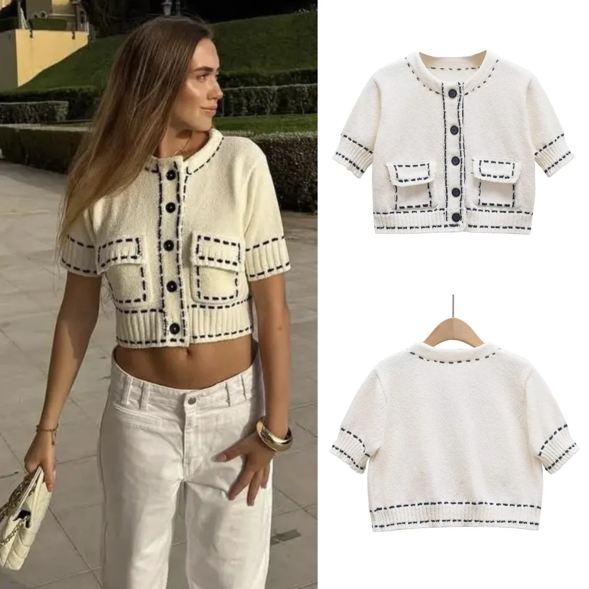 

New 2025 Spring New women's handmade products with color contrast and thread embellished short sleeve knitted cardigan coat