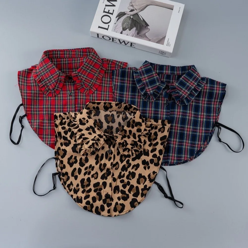 Ruffled Design Faux Shirt Collar Versatile Style Plaid Leopard Print Decorative Half Collar Half Blouse Type Detachable Collar