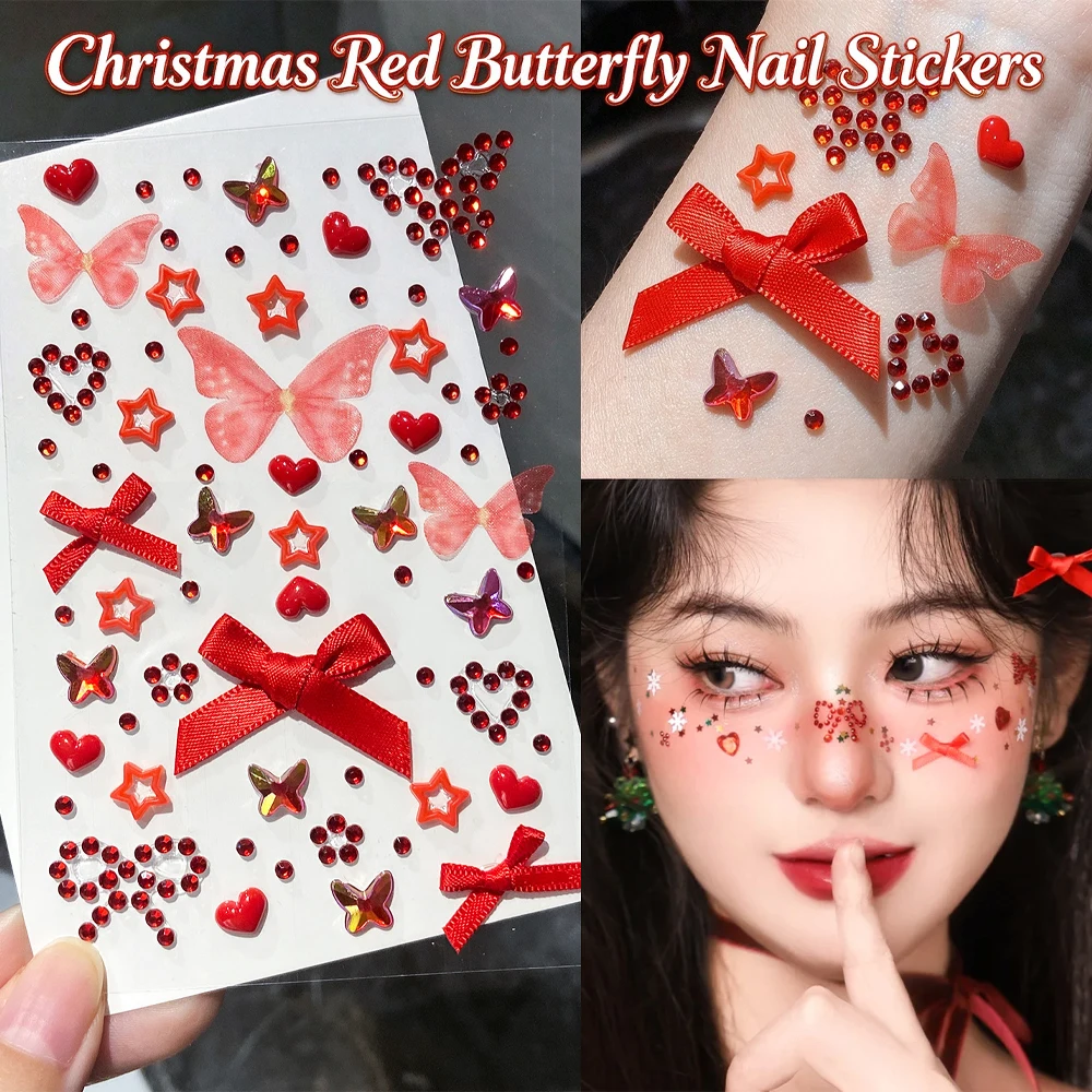 1pc Red Bow Glittery Stereo Gem Stickers Makeup Christmas Holiday Party Y2K Music Festival DIY Eyes Face Jewels Stickers