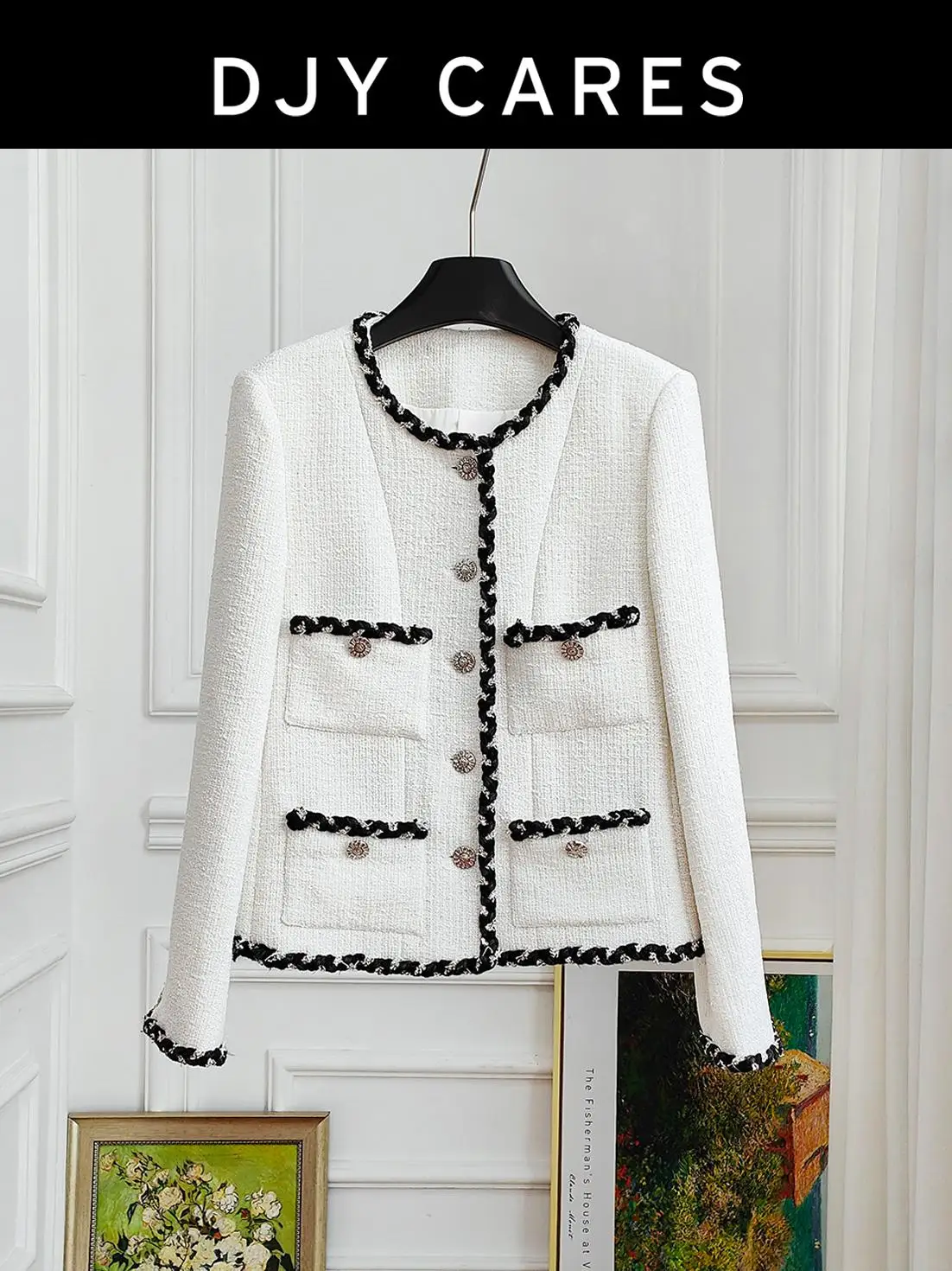

New Tweed pure handmade white Fried Dough Twists ribbon temperament coat big size
