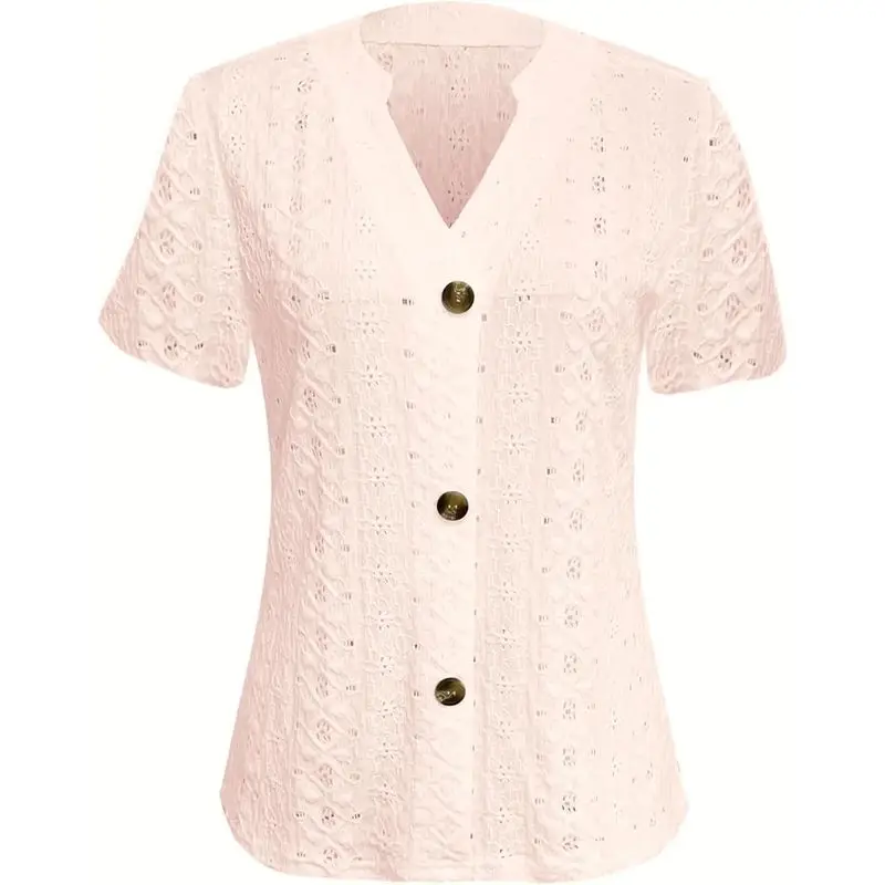 Women Button Down Shirts Eyelet Hollow Out Tops Knit Tunics Boho Cute Tees Tshirt Lightweight Crochet Blouse