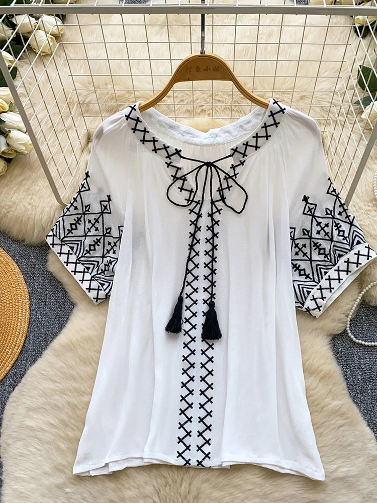 

Women's Blouse Summer European Embroidered Loose Fit Short Sleeve Shirt Breathable Soft Blouse Adjustable Sash Female Tops BL411