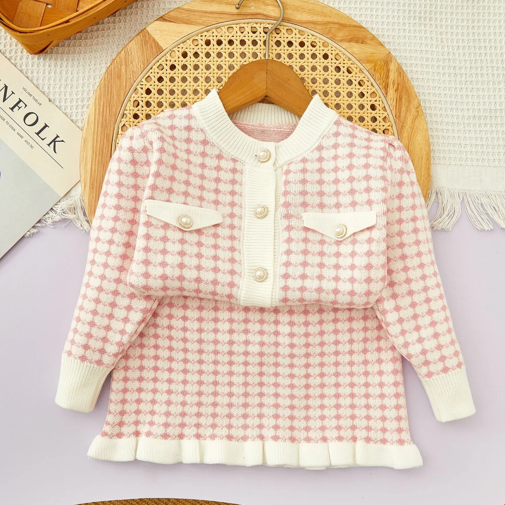 Bear Leader Kids Clothes Girls Winter Knitted Set Checkered Printed Single Breasted Cardigan+Short Skirt Children\'s Sets