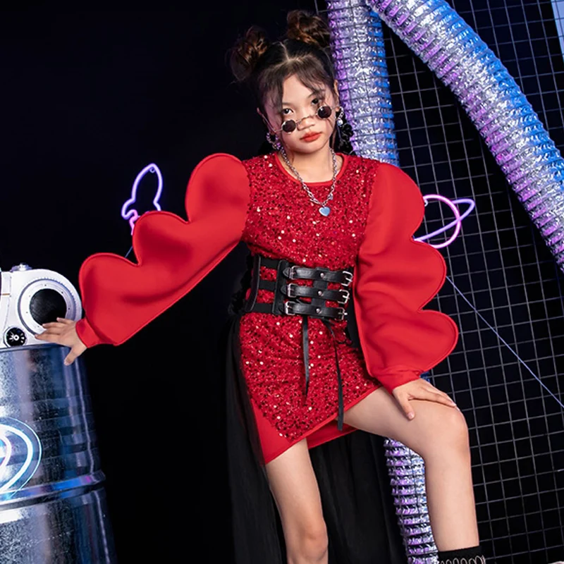 

Красное платье с пышными рукавами и блестками, костюм для джазовых танцев и представлений для девочек, модный костюм для подиума, шоу, сцены, праздничная одежда DL11246