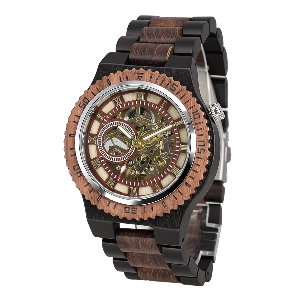 Wooden Mechanical Watch for Men with Skeleton Dual Display Luminous Fashion and Round Fold Clasp