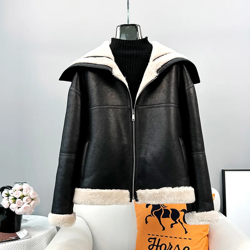 Female Fall/Winter Lamb Wool Short Jacket Women Lady Sheep Shearling Navy Collar Warm Coat JT3388