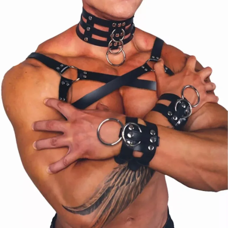 

3PCS Fetish Harness for Man Leather Gay Bondage BDSM Outfit Men Adjustable Chest Belt Collar Handcuff Harness Leather Party Set